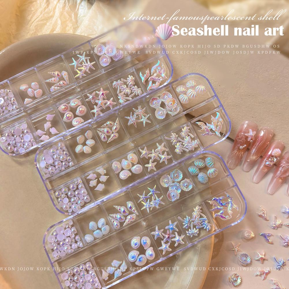 Resin Art Beach Theme - 12칸/박스 3D 불가사리와 조개 네일아트 장식,